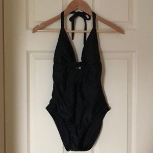 Black peek-a-boo bathing suit